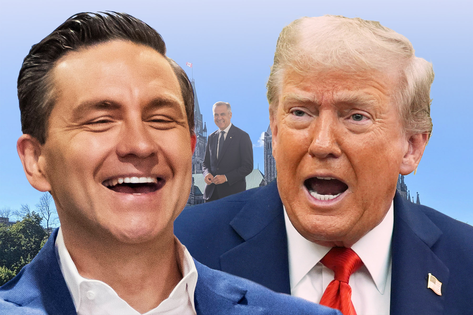 A photo illustration of Pierre Poilievre, Donald Trump smiling with Mark Carney looking on in the background.