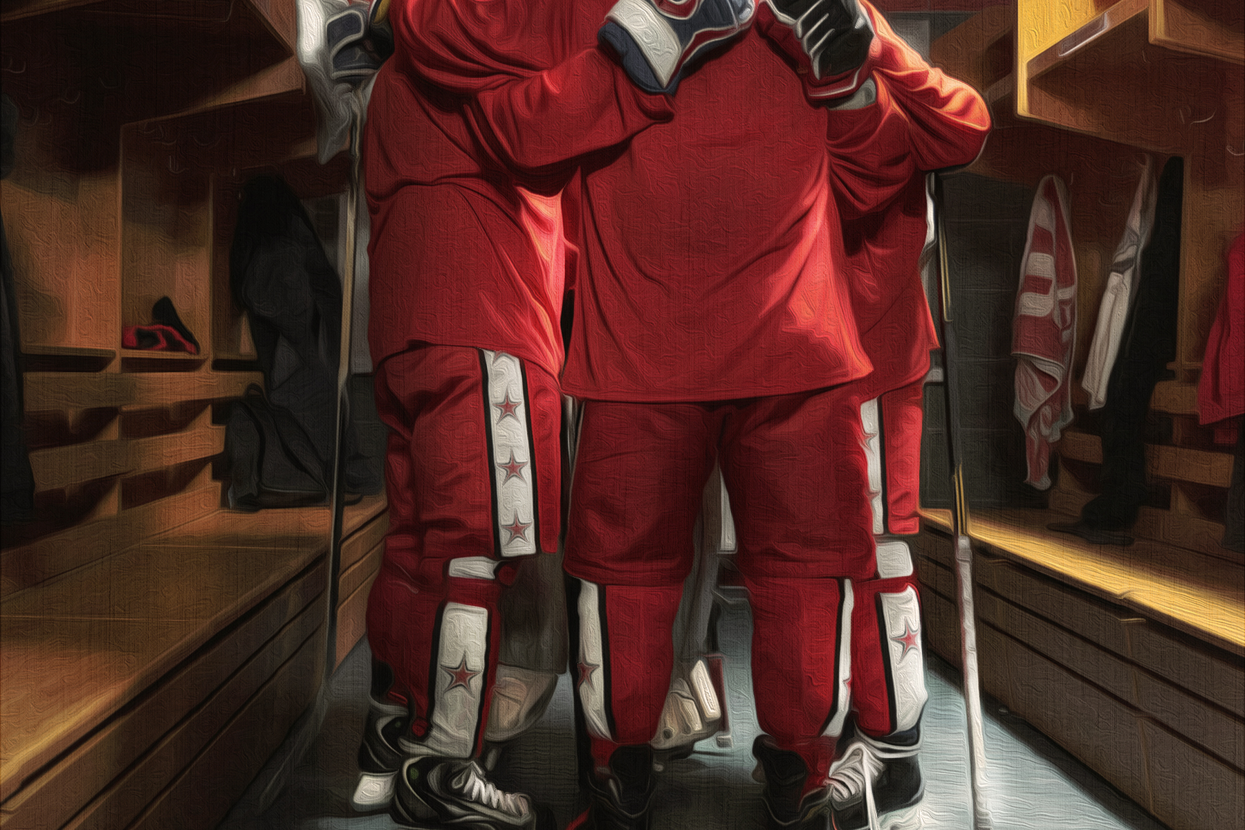 A photo illustration showing a group of hockey players dressed in red, their backs to the viewer and their arms around each other.