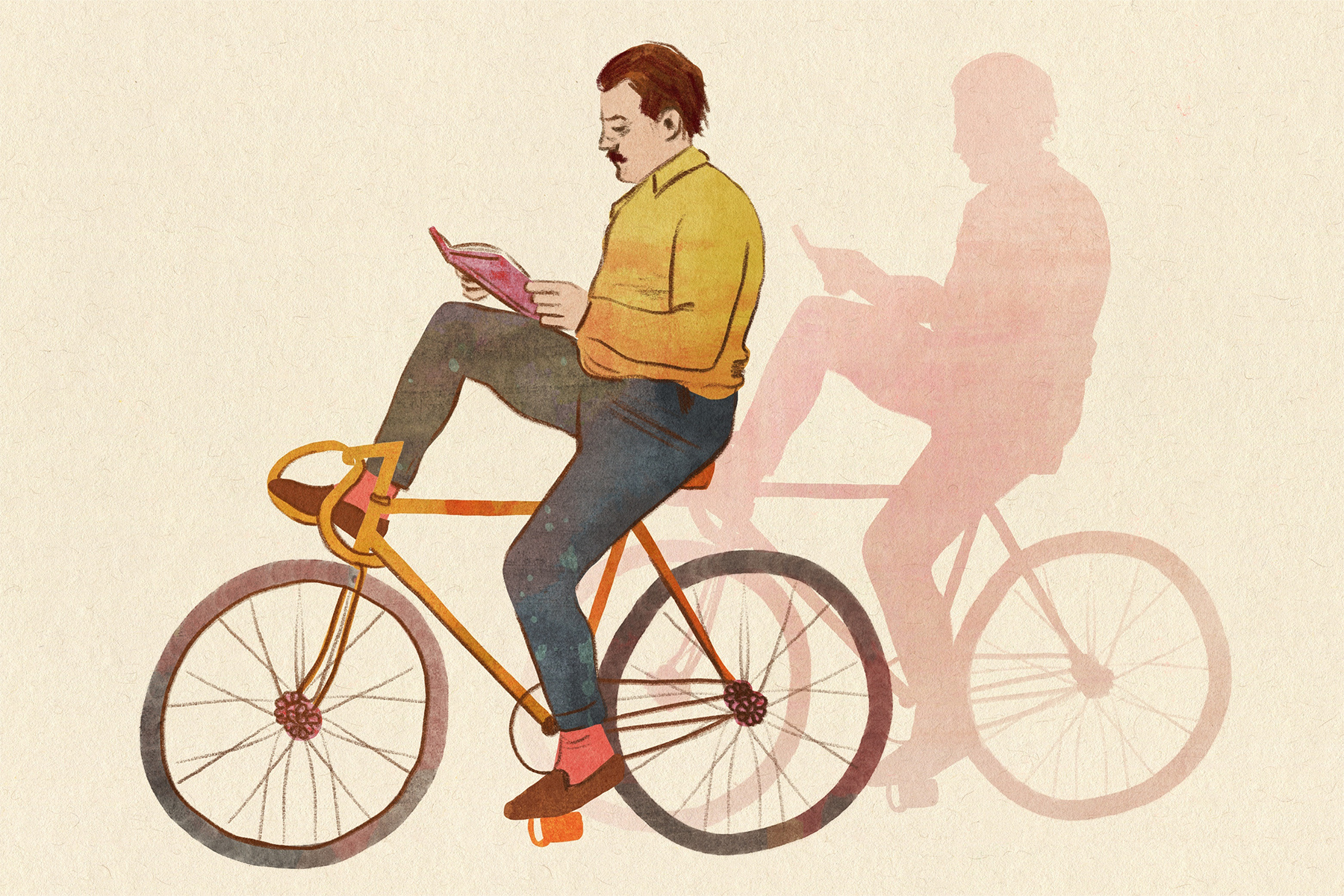 An illustration of a man, glasses perched on his nose, holding a book while he sits on a bicyle, his leg up on one of the handlebars. His shadow repeats behind him.