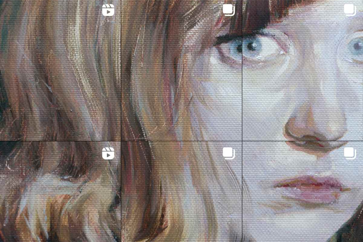 An illustration of a blonde woman's face up close, overlaid with Instagram-like square grid.