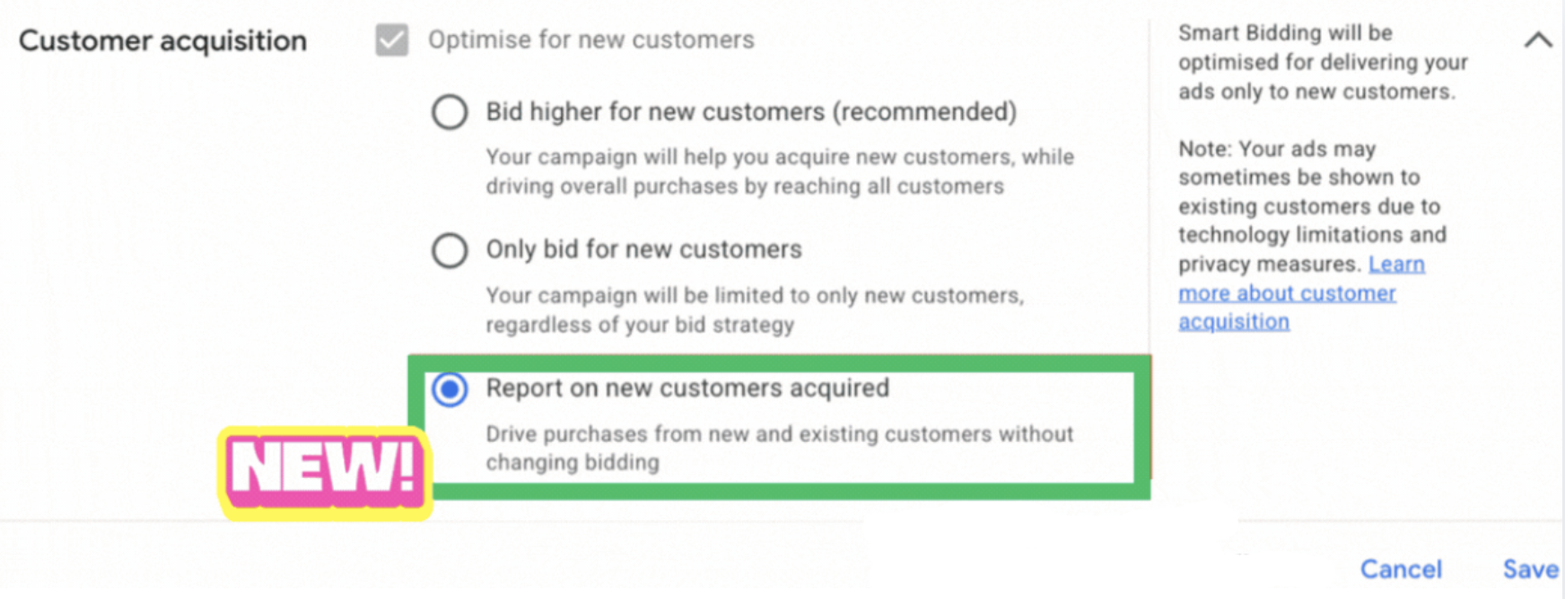 Opção Report on new customers acquired no Google Ads