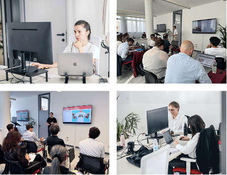 Mosaico di immagini raffiguranti al lavoro e alle sessioni formative organizzate da Ecommerce School nel ufficio a Cesena.