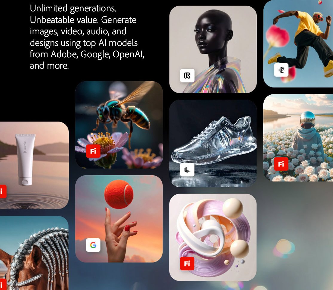 Collage of AI-generated images: portraits, florals, products, landscapes