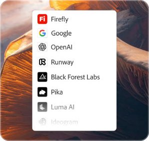 Firefly model selector showing Google, OpenAI, Runway, Black Forest Labs, Pika, Luma AI