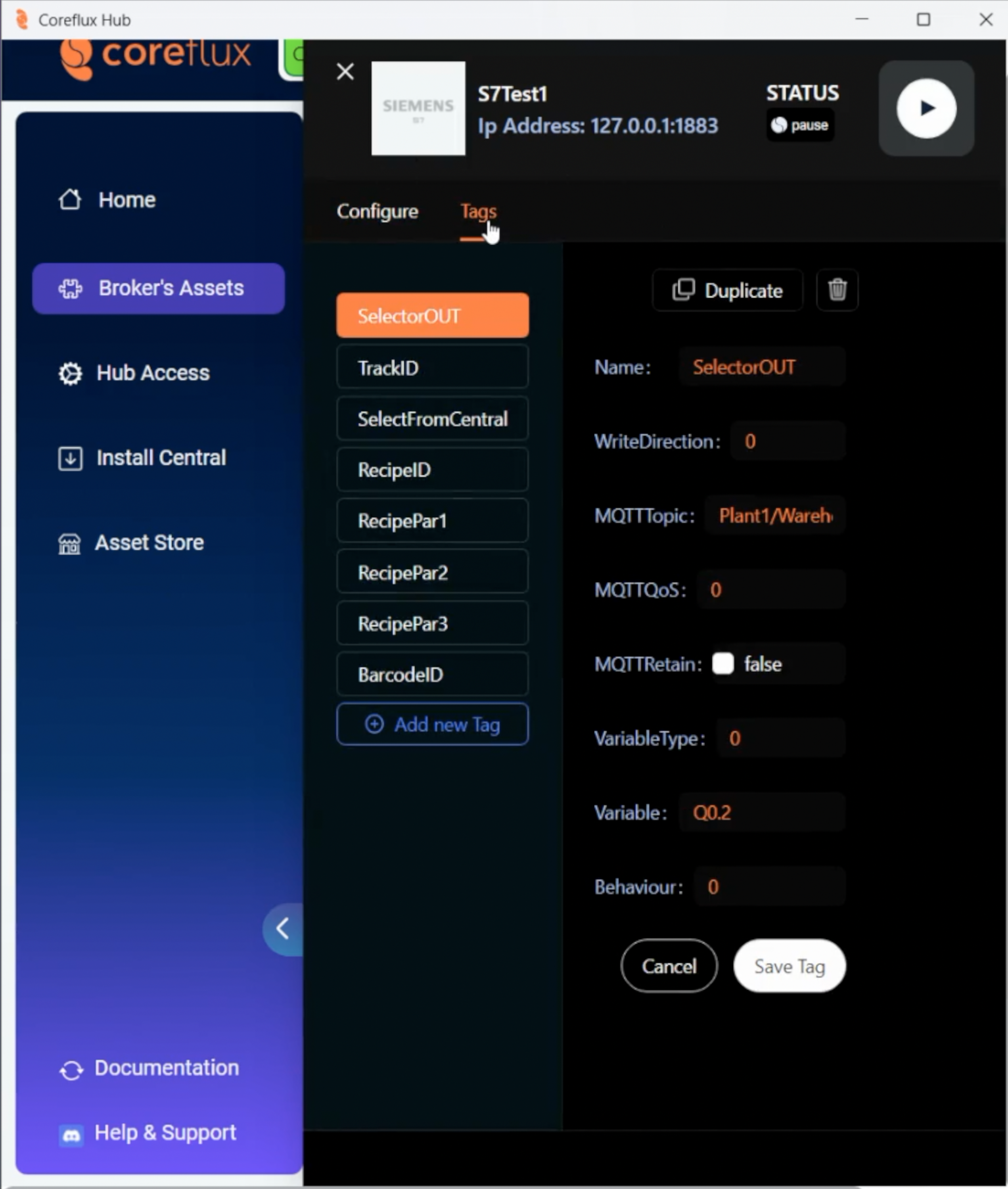 S7 Asset on the Coreflux Hub