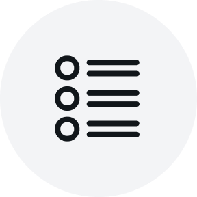 Light grey circular icon featuring a simple black list symbol with three bullet points and three horizontal lines, centered on a solid background.