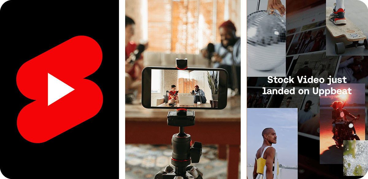 Three images: one of the YouTube Shorts logo, one of two creators filming themselves on a phone, and one of the new Uppbeat stock video library.