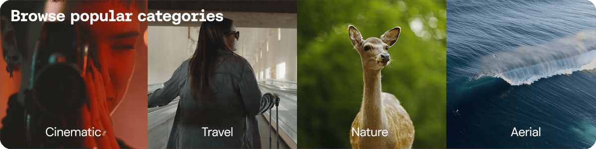 An image of popular Uppbeat stock video categories with text that says, 'Browse popular categories: Cinematic, Travel, Nature, Aerial.'
